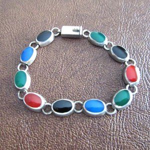 Vintage Colorful Oval Enamel Cabochon Link Thailand CPT 925 Silver 7" Bracelet